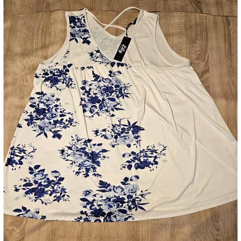 Lily By Firmiana Blue & White Floral Tunic Top Shirt Plus Size 3xl Nwt